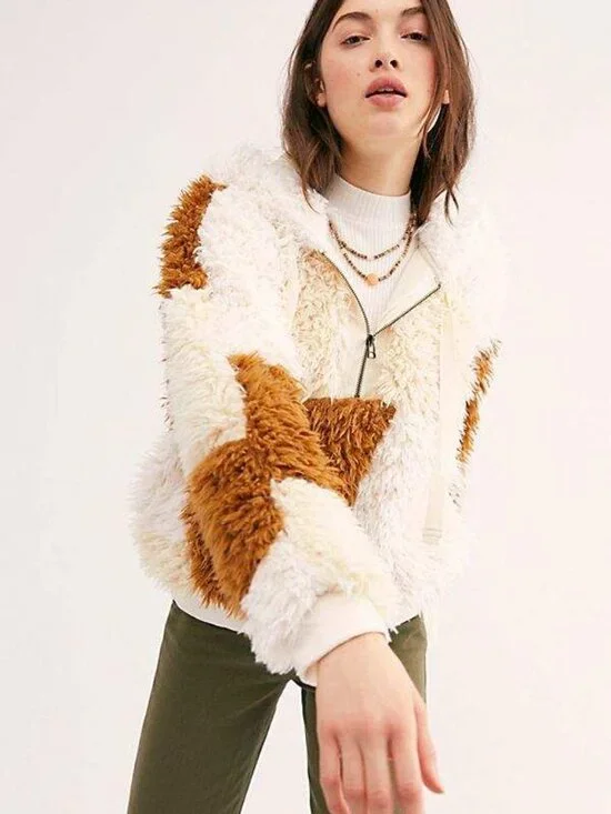 Free People Women's Be Mine Teddy Hooded Pullover Ivory Brown Checker Size Small - Picture 1 of 7